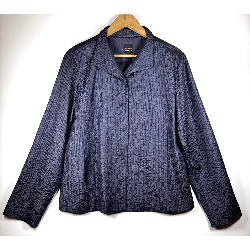 Eileen Fisher Silk Jacket Medium Plum Gray Embroidered Textured Minimalist Chic